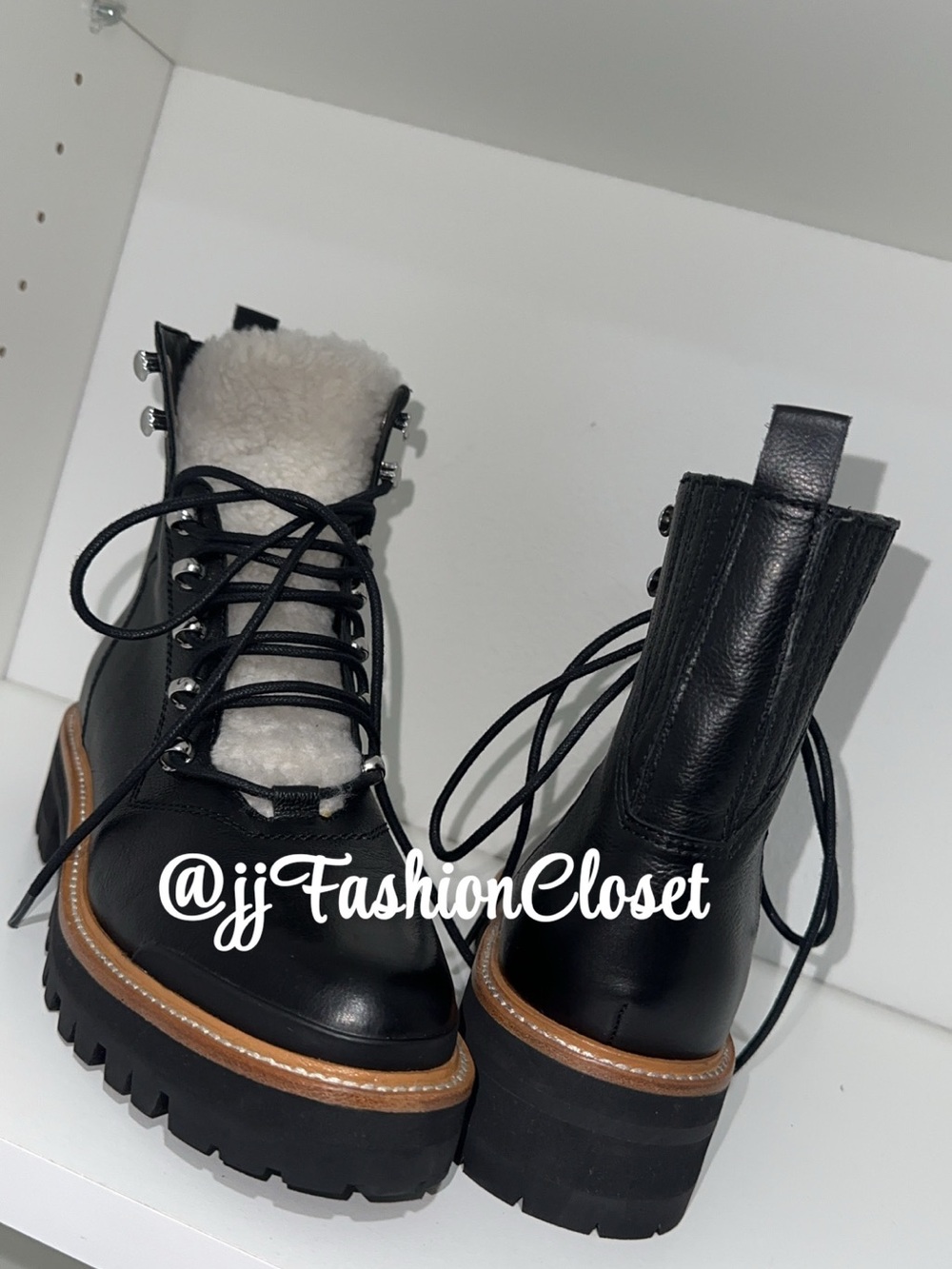 Marc Fisher Black Lace-Up Platform Boots with Shearling Tongue